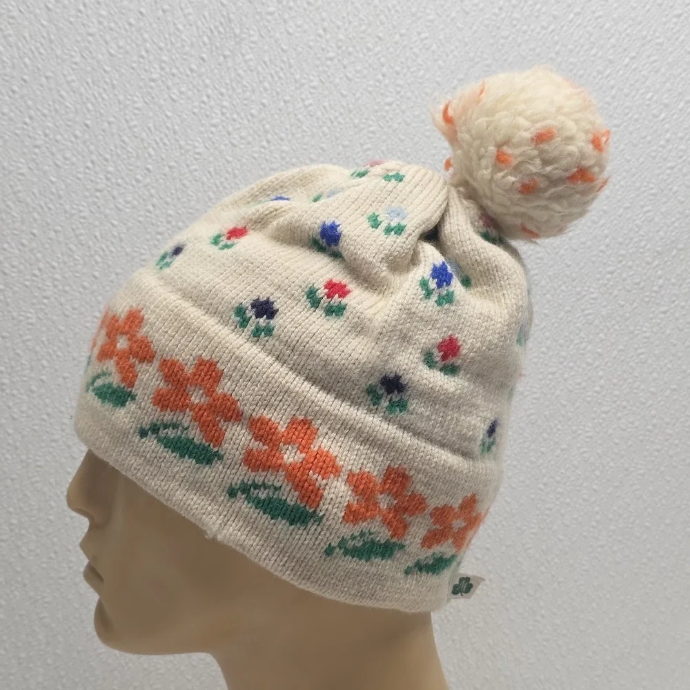 Moriarty Original Wool Hat Handmade Stowe Vermont USA Youth Floral Beanie Pom